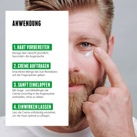 Anwendung des Eye Revitalizer von der Brooklyn Soap Company in vier Schritten: 1. Gesicht reinigen, 2. Eine kleine Menge der Augencreme auf die Fingerspitzen geben, 3. Sanft in die Augenpartie einklopfen, 4. Einziehen lassen für optimale Pflege.