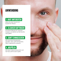 Die Anwendung des Daily Hydrating Cleansers erfolgt in vier einfachen Schritten: Gesicht anfeuchten, Cleanser auftragen, sanft einmassieren und mit klarem Wasser abspülen für eine frische Haut.