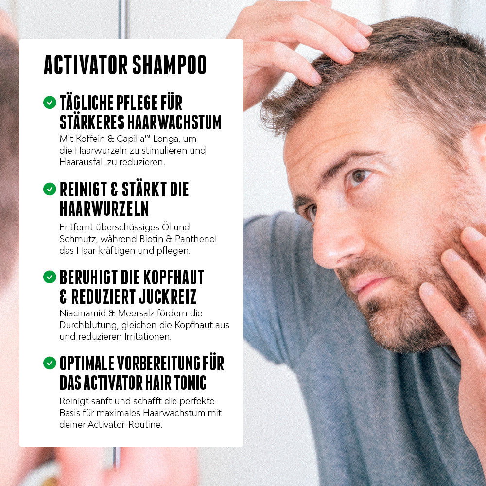 Das Activator Hair Shampoo mit Koffein, Biotin, Panthenol und Capilia Longa für die tägliche Haarwäsche sorgt für stärkeres Haarwachstum, gestärkte Haarwurzeln, beruhigt die Kopfhaut und reduziert Juckreiz - für volleres, gesundes Haar.