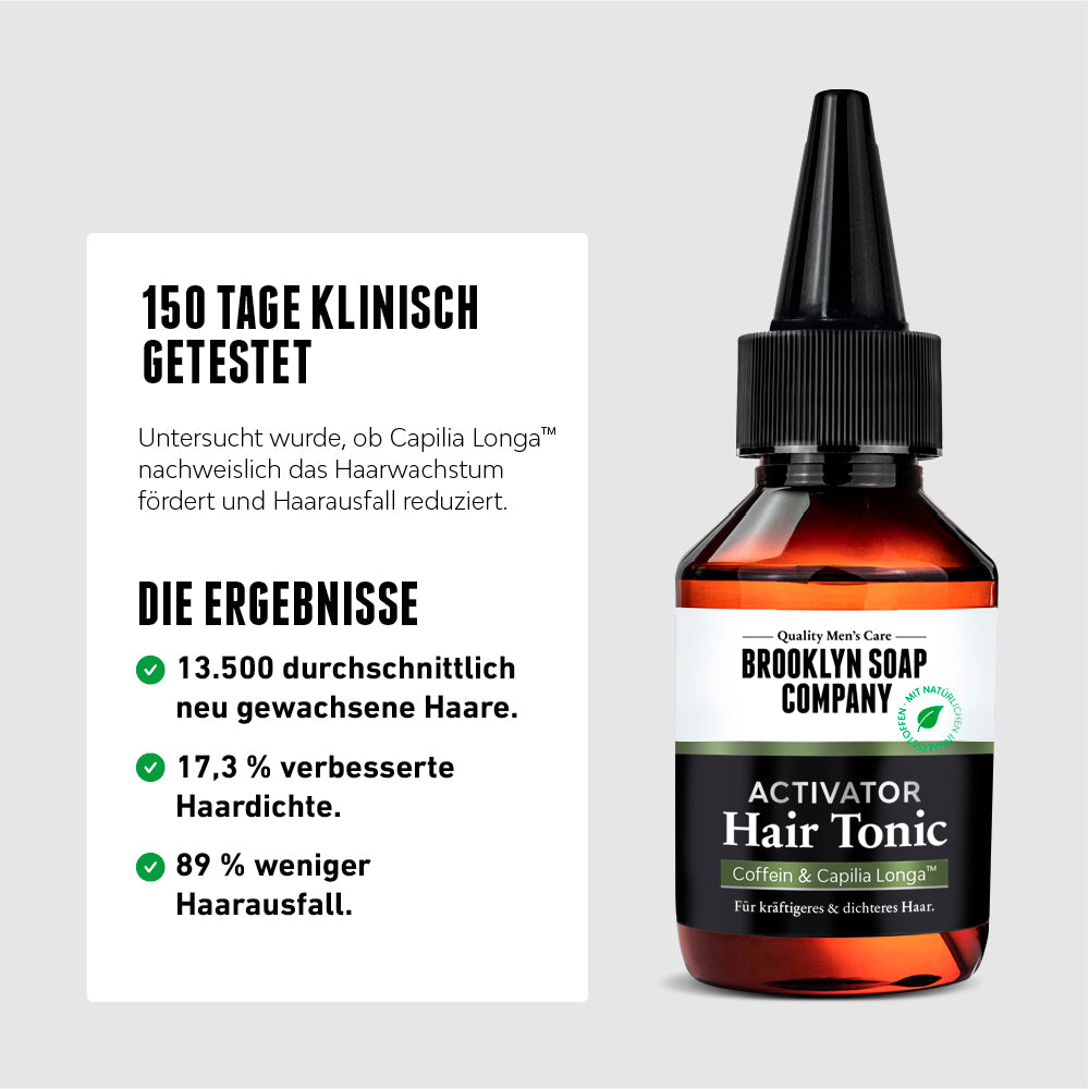 Das Activator Hair Tonic ist klinisch getestet und sorgt für volleres Haar, mehr Haare und weniger Haarausfall in nur 150 Tagen.