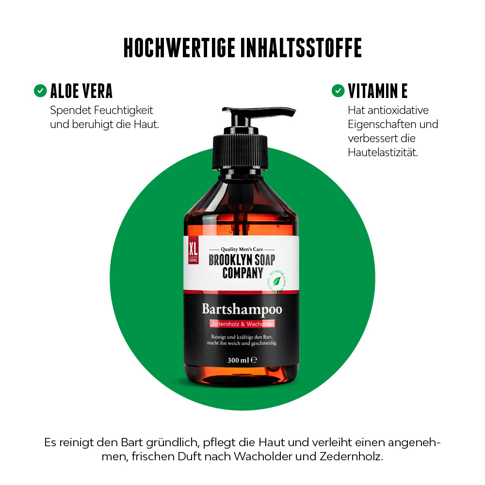 Das Bartshampoo enthält hochwertige, natürliche Inhaltsstoffe und ist dank Aloe Vera und Vitamin E besonders gut und pflegend. Es hat einen besonders angenehmen Duft nach Wacholder und Zedernholz.