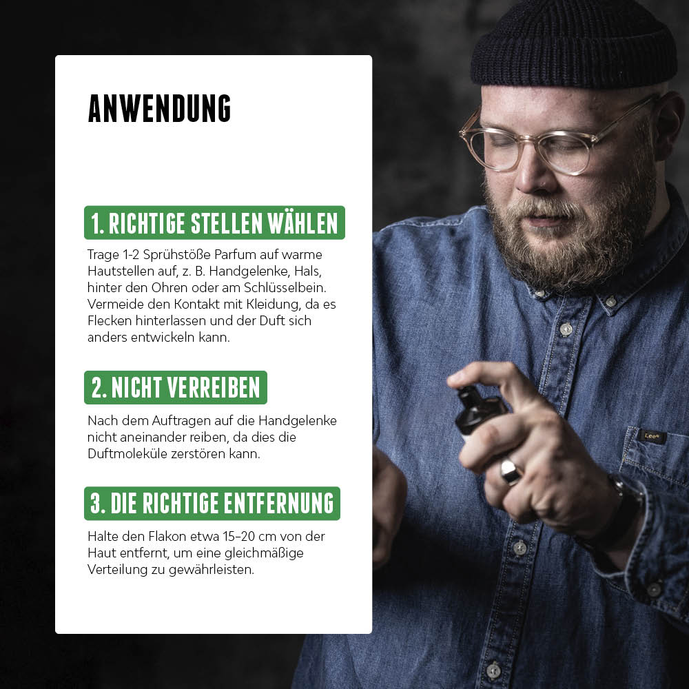Anwendung des Brooklyn Eau de Parfum für Männer von der Brooklyn Soap Company mit Tipps zur richtigen Dosierung und Anwendung für langanhaltenden Duft.