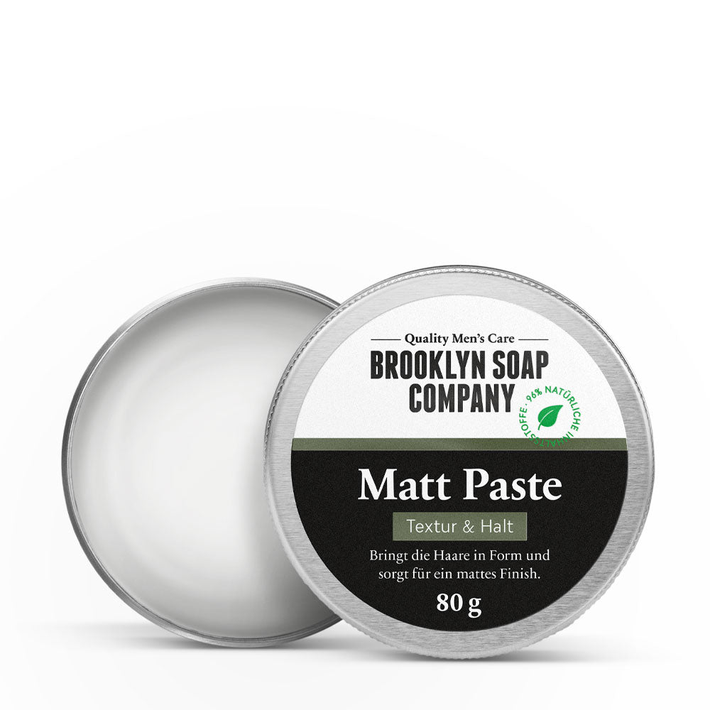 Matt Paste für Männer von der Brooklyn Soap Company für starken Halt und natürliche Textur mit mattem Finish.