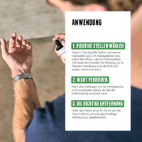 Anwendung des Radiant Amber Eau de Parfum von der Brooklyn Soap Company für Männer, Tipps zum Auftragen auf warme Hautstellen wie Handgelenke oder Hals, Hinweise zum Vermeiden von Verreiben und zur optimalen Sprühentfernung für langanhaltenden Duft.