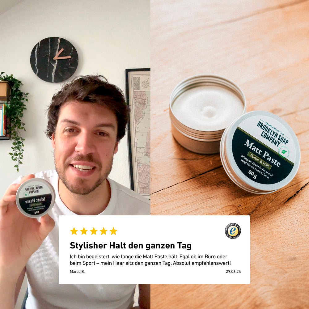 Die Matt Paste von der Brooklyn Soap Company für Männer überzeugt durch ihren stylischen Halt, der den ganzen Tag über anhält. Ob im Büro, beim Sport oder im Alltag – das Haar bleibt zuverlässig in Form. Männer schätzen besonders die langanhaltende Performance und das natürliche, matte Finish. Ein absolutes Must-have für jeden, der Wert auf flexibles Styling und gepflegtes Haar legt.