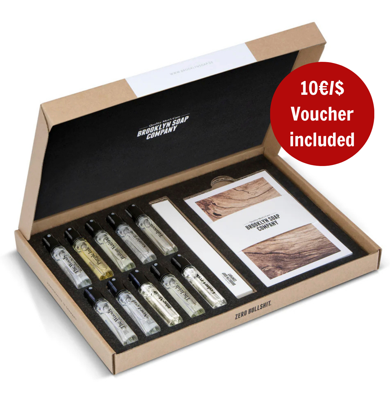 Discovery set for men from the Brooklyn Soap Company with 10 men's fragrances, fragrance description, test strips and €10 voucher - ideal for testing and as a gift for men. [INT] [EU] [EN-featured]