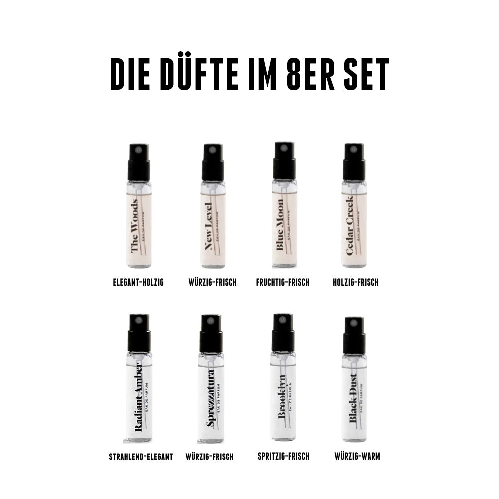 Acht Brooklyn Soap Duftproben im Set, jeweils mit Namen und Duftbeschreibung wie „würzig-frisch“ oder „fruchtig-frisch“.