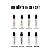 Acht Brooklyn Soap Duftproben im Set, jeweils mit Namen und Duftbeschreibung wie „würzig-frisch“ oder „fruchtig-frisch“.