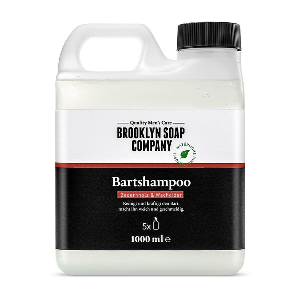 Vorratskanister für das Bartshampoo von der Brooklyn Soap Company 1000 ml mit angenehmen Duft nach Gin Tonic. Es reinigt die Barthaare sanft und pflegt sie nachhaltig.  //*