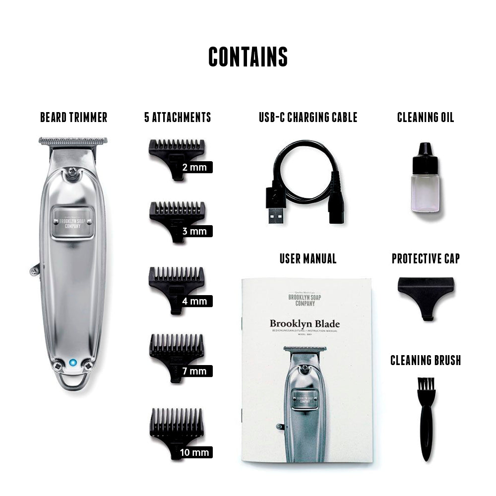 Brooklyn Blade grooming kit contents: beard trimmer, 5 attachments, USB-C charging cable, cleaning oil, user manual, protective cap, and cleaning brush.[EU] [INT]