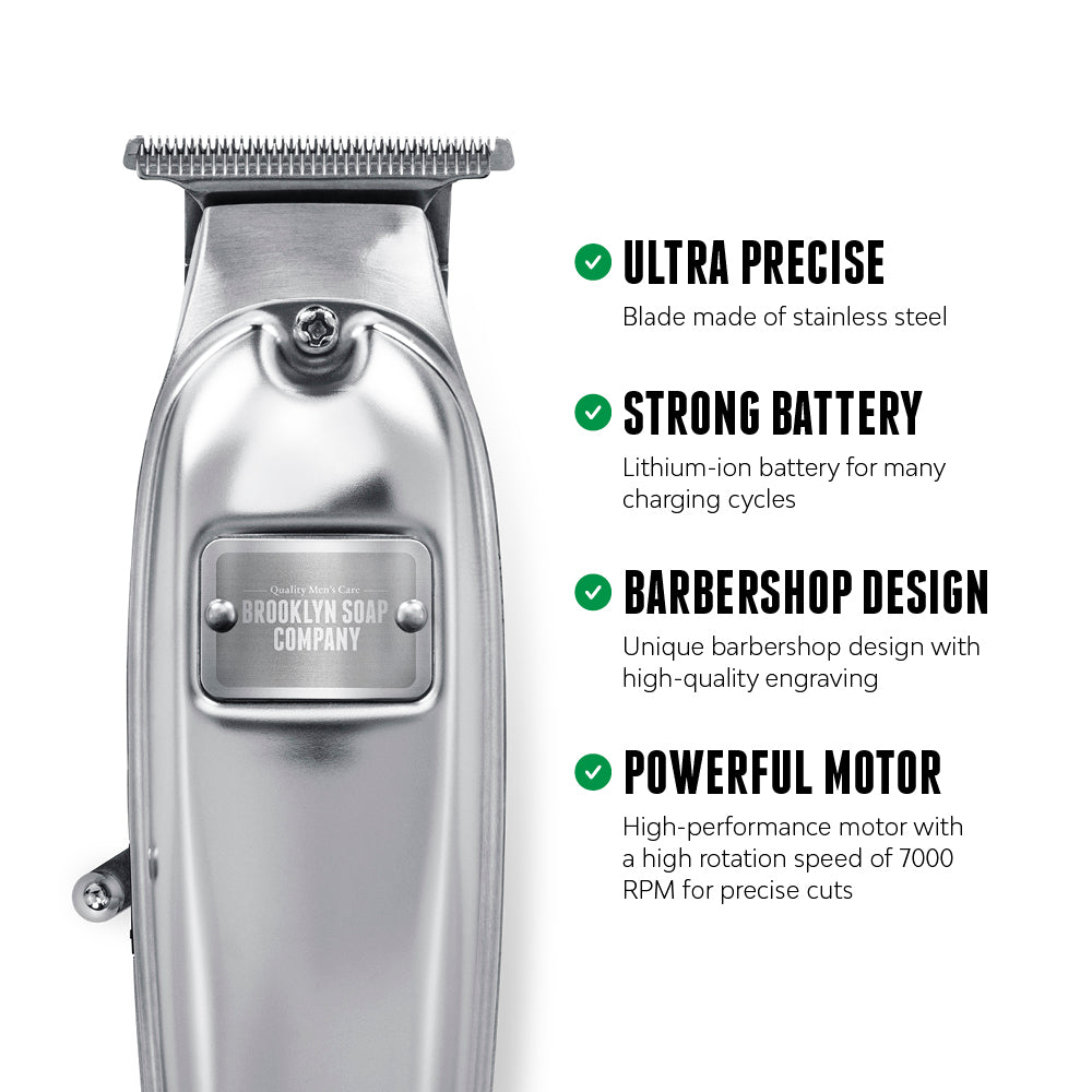 Brooklyn Blade trimmer shown with product highlights: ultra-precise stainless steel blade, strong lithium-ion battery, barbershop design with engraving, and powerful 7000 RPM motor. [INT][EU]