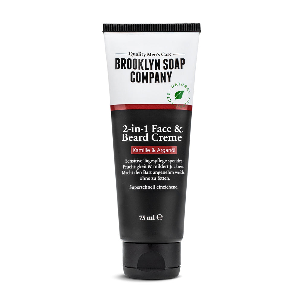 Tube of Brooklyn Soap Company 2-in-1 Face & Beard Cream with chamomile and argan oil. [INT][EU][EN-featuted]
