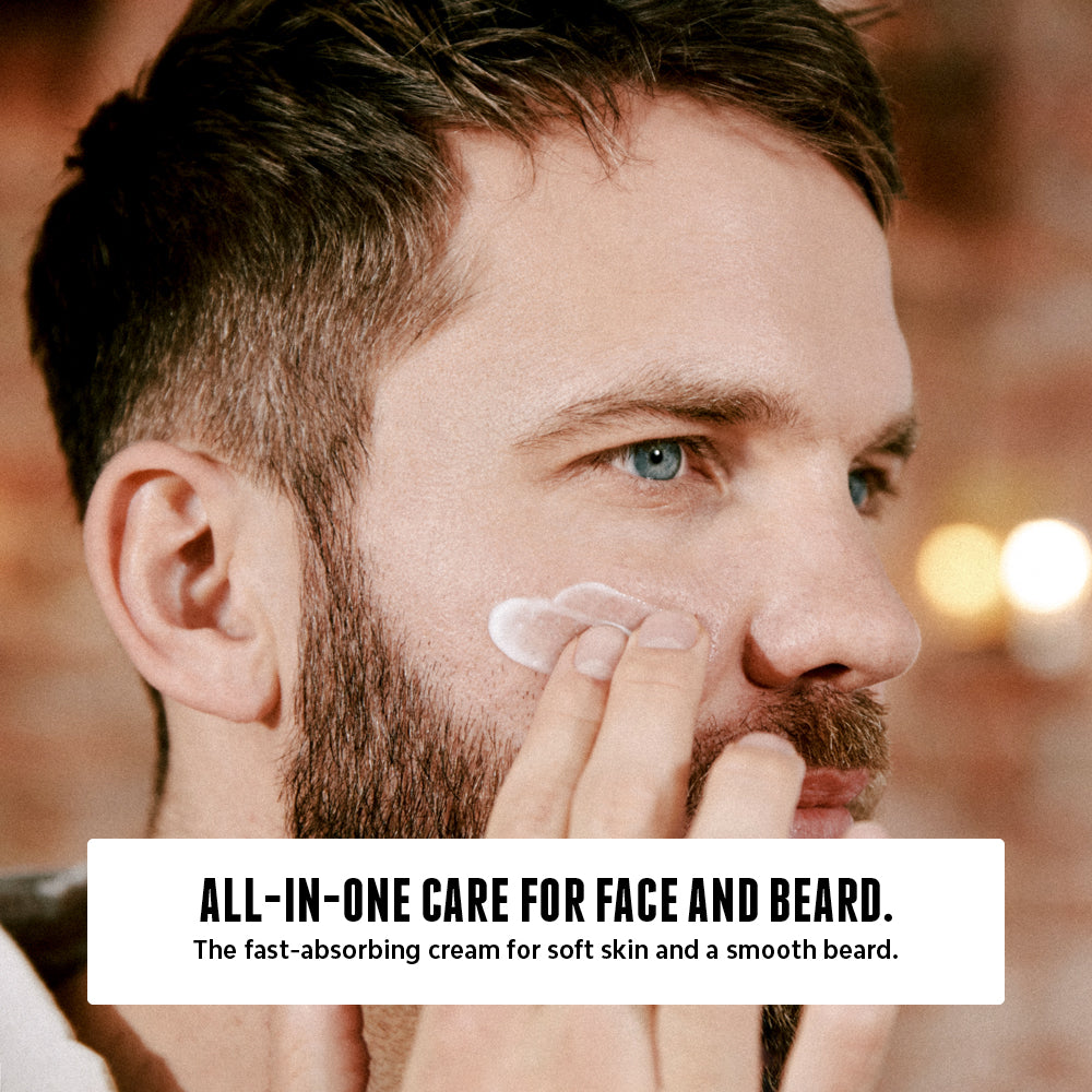 Man applying cream to his face and beard. Caption reads: 'All-in-one care for face and beard. The fast-absorbing cream for soft skin and a smooth beard.[INT][EU]