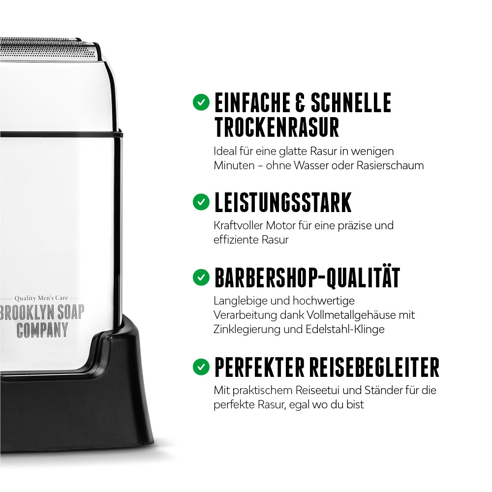 Der Brooklyn Shaver Elektrorasierer in Barbershop-Qualität sorgt mit seinem leistungsstarken Motor für eine besonders präzise und effiziente Rasur und ist perfekt für Zuhause und unterwegs. [DE] [AT]