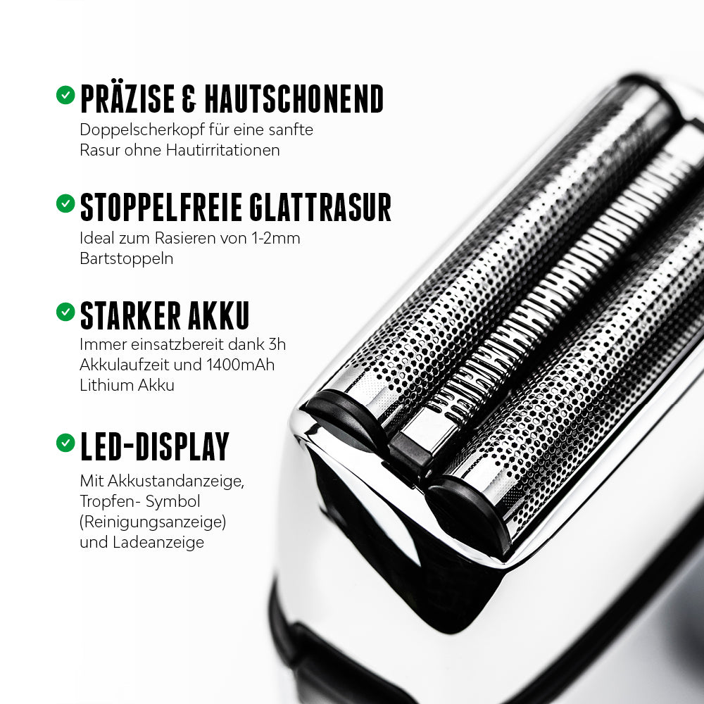 Der Brooklyn Shaver Elektrorasierer ist präzise und sorgt dank dem hochwertigen Doppelscherkopf für eine stoppelfreie Glattrasur ohne Hautirritationen. Dank dem leistungsstarken Akku und dem LED-Display mit Akkustandanzeige ist er immer einsatzbereit. //*