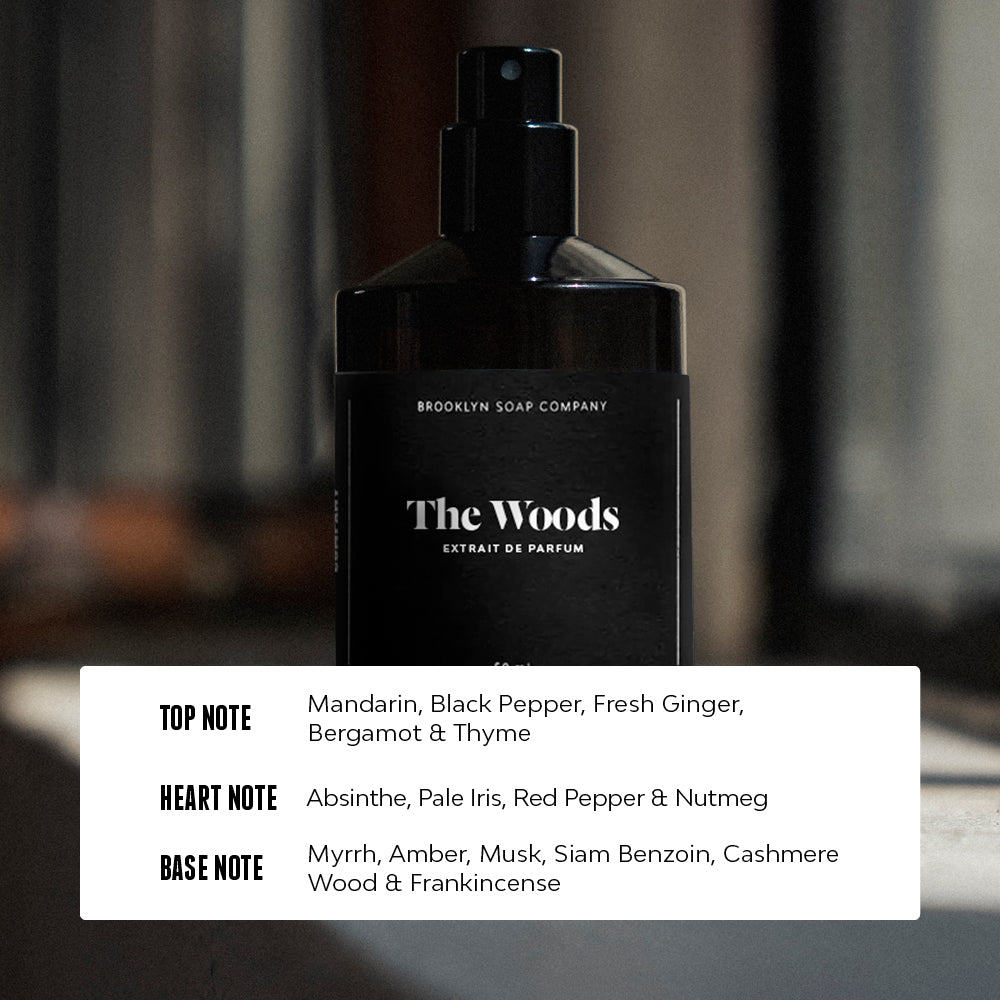 The Woods Extrait de Parfum by the Brooklyn Soap Company with a multi-layered fragrance composition for men: fresh top notes of mandarin, black pepper and bergamot, followed by aromatic heart notes of absinthe and red pepper and a woody-spicy base note of cashmere wood, myrrh and frankincense.[INT][EU]
